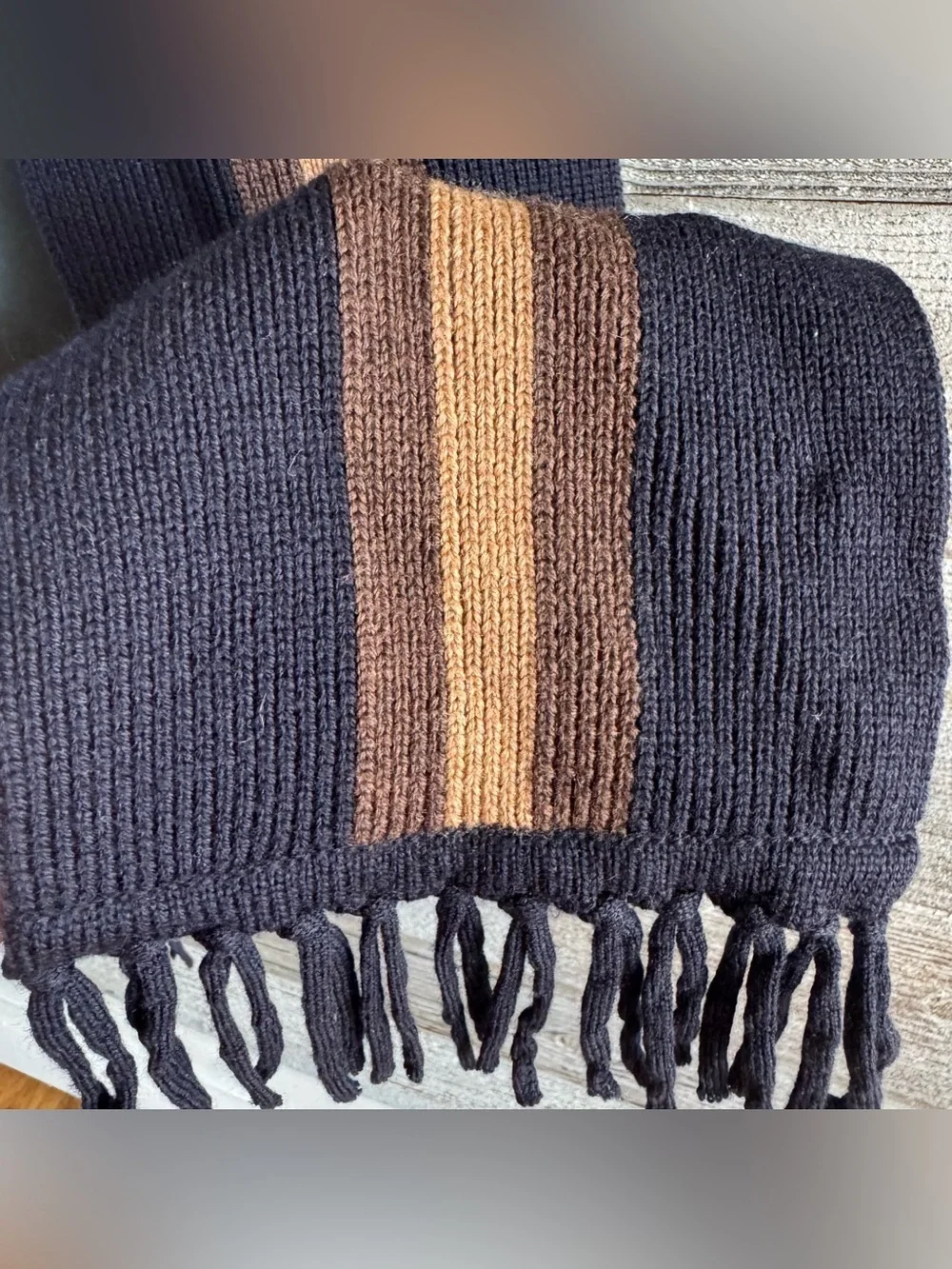 Title  Banana Republic 100% Fine Merino Wool Striped Scarf Black Brown Camel Fri
